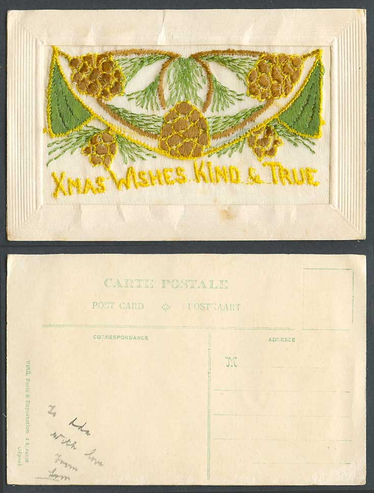 WW1 SILK Embroidered Old Postcard Xmas Wishes Kind & True Pine Cone Empty Wallet