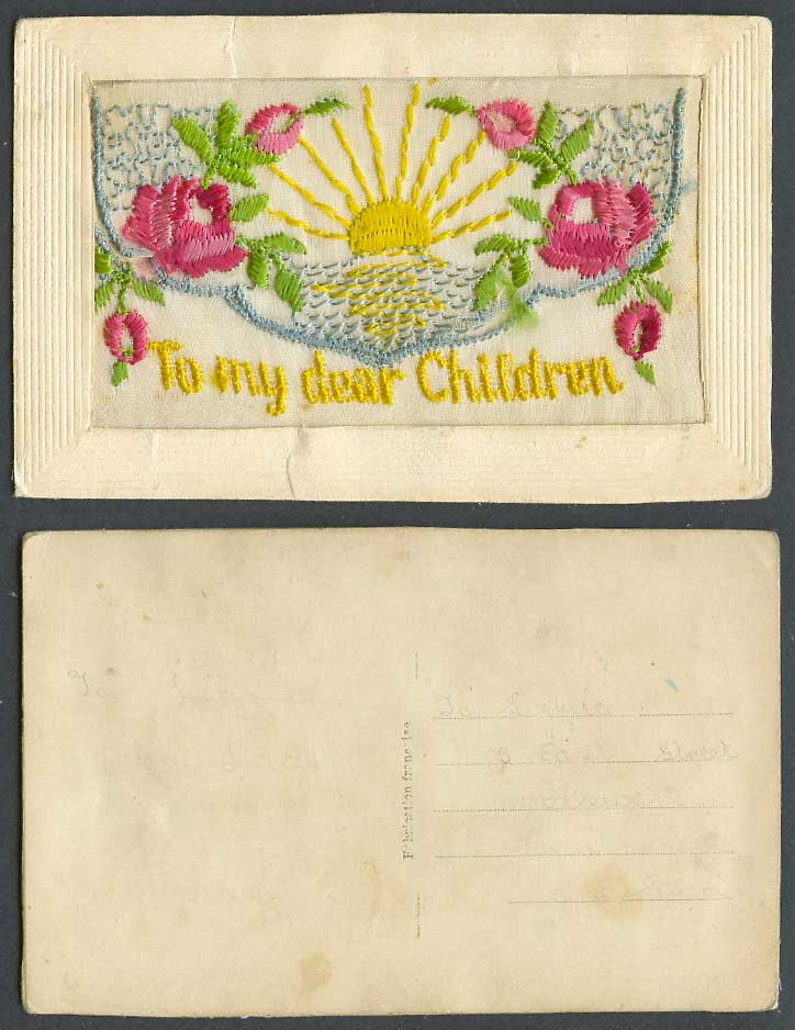 WW1 SILK Embroidered Old Postcard To My Dear Children, Sun, Flowers Empty Wallet
