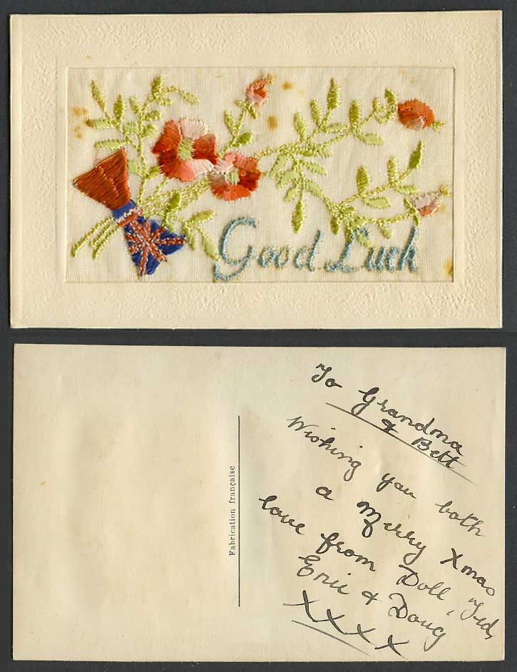 WW1 SILK Embroidered French Old Postcard Good Luck Flowers Flag Novelty Greeting