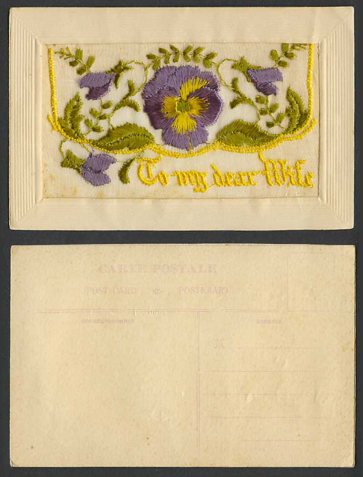 WW1 SILK Embroidered Old Postcard To My Dear Wife Pansies Flowers, Empty Wallet