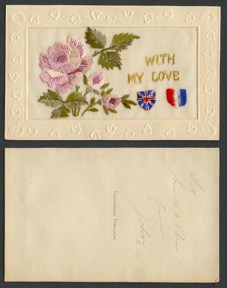 WW1 SILK Embroidered Old Postcard With My Love Pink Rose Roses Flowers and Flags