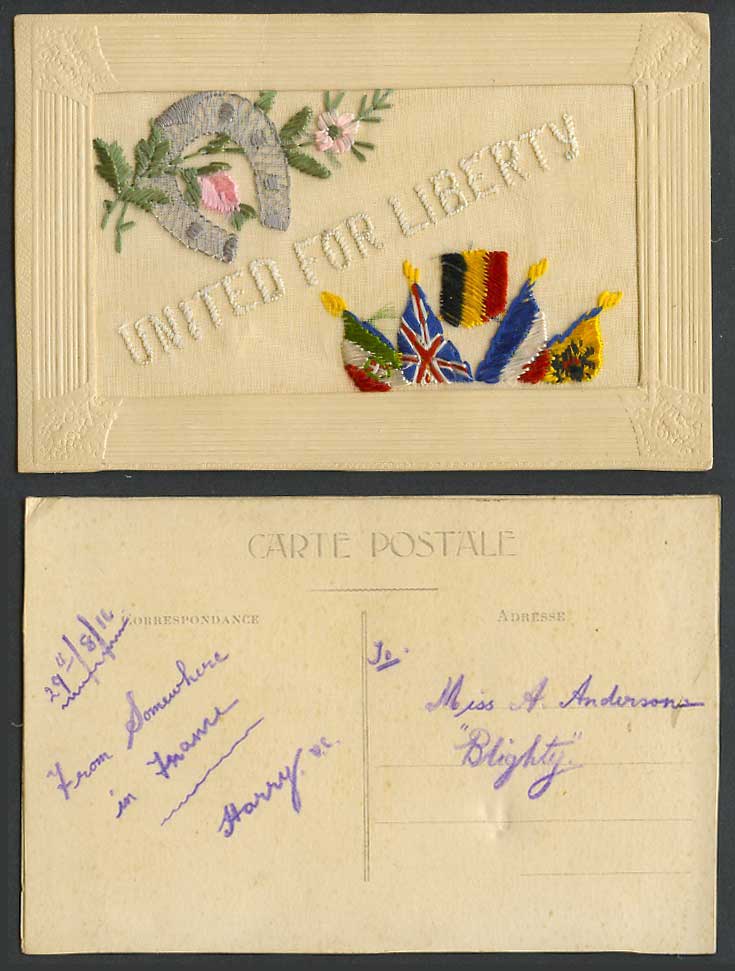 WW1 SILK Embroidered 1916 Old Postcard United For Liberty Flags Horseshoe Flower