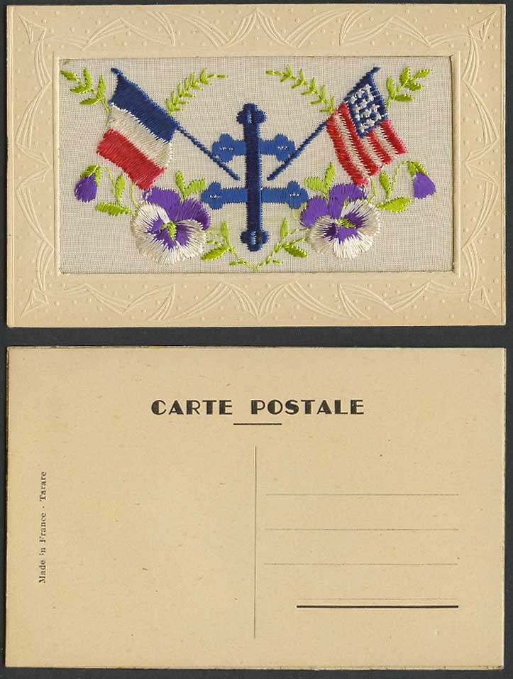 WW1 SILK Embroidered Old Postcard Pansy Flowers USA Flag US & French Flags Cross