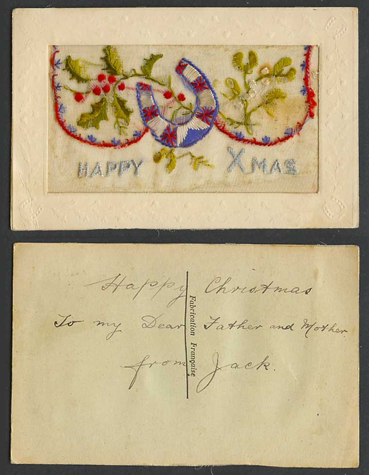 WW1 SILK Embroidered Old Postcard Happy Xmas Christmas, Horseshoe, Empty Wallet
