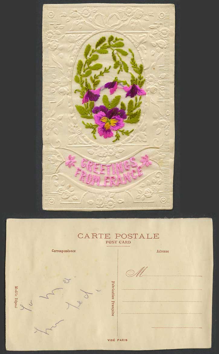WW1 SILK Embroidered Old Embossed Postcard Greetings from France, Pansy Flowers