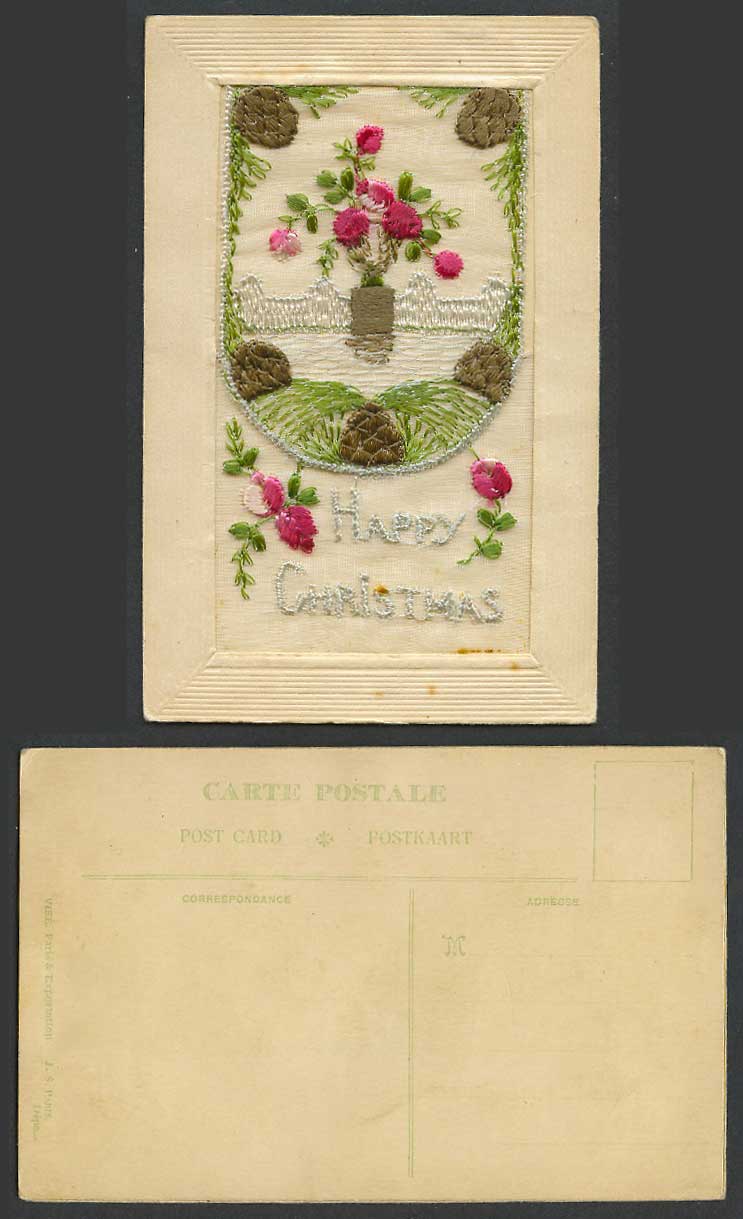 WW1 SILK Embroidered Old Postcard Happy Christmas Xmas Flowers Pot Fence, Wallet