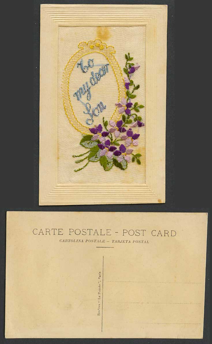 WW1 SILK Embroidered French Old Postcard To My Dear Son Flower Novelty Greetings