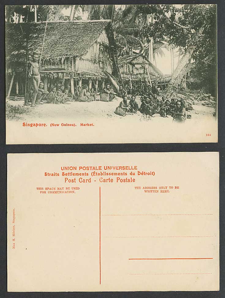 Singapore Old Postcard New Guinea Market, Palm Trees, Native Houses, Ethnic Life