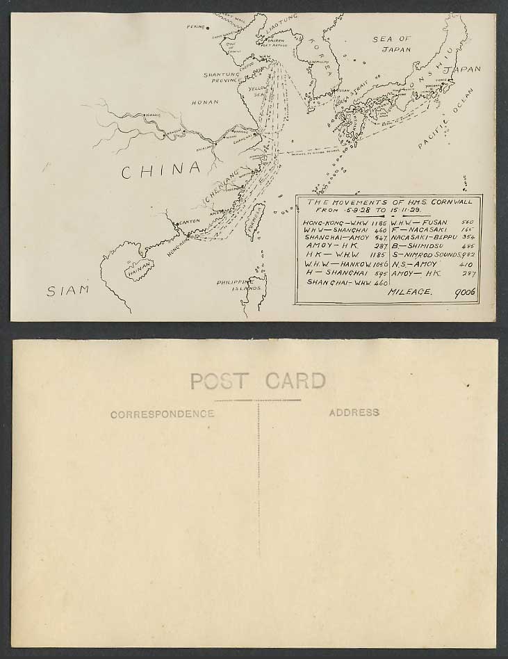 China Siam Korea Formosa Taiwan Amoy MAP HMS Cornwall Movement 1928 Old Postcard
