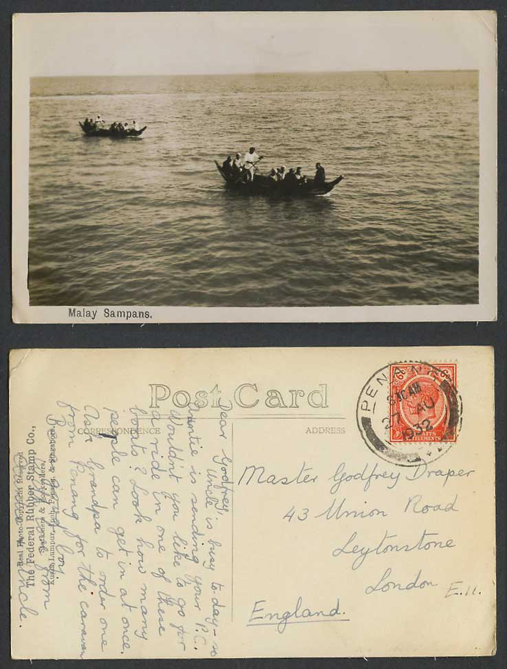 Penang KG5 6c 1932 Old Real Photo Postcard Malay Sampans Native Boats Canoes Men
