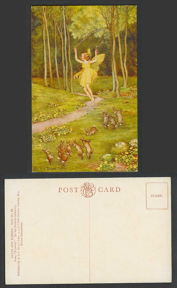 IR OUTHWAITE Old Postcard She is Spring Fairy Girl Skipping Rope Bunnies Blossom