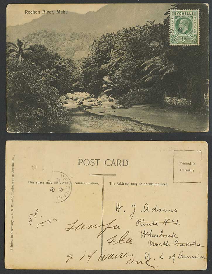 Seychelles KG5 3c 1913 Old Postcard Rochon River Scene Mahe Mahé Palm Tree Rocks