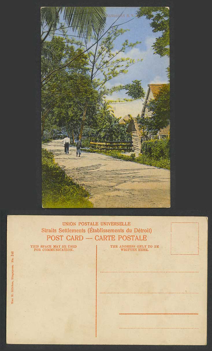 British North Borneo Old Colour Postcard Sandakan B.N.B. Street Scene, House Hut