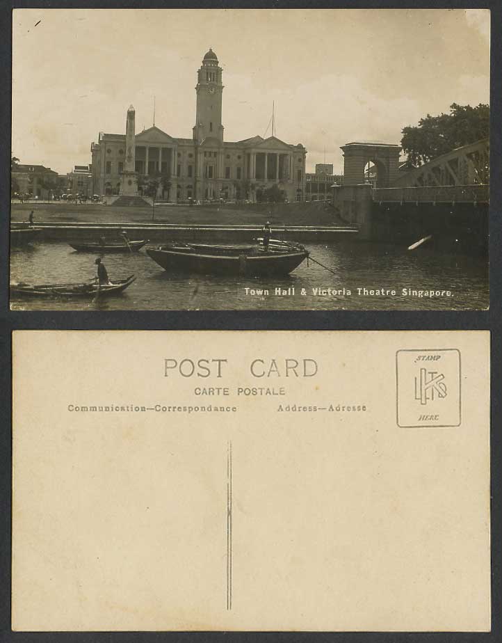 Singapore Old Photo Postcard Town Hall Victoria Theatre Clock Tower Boats Bridge