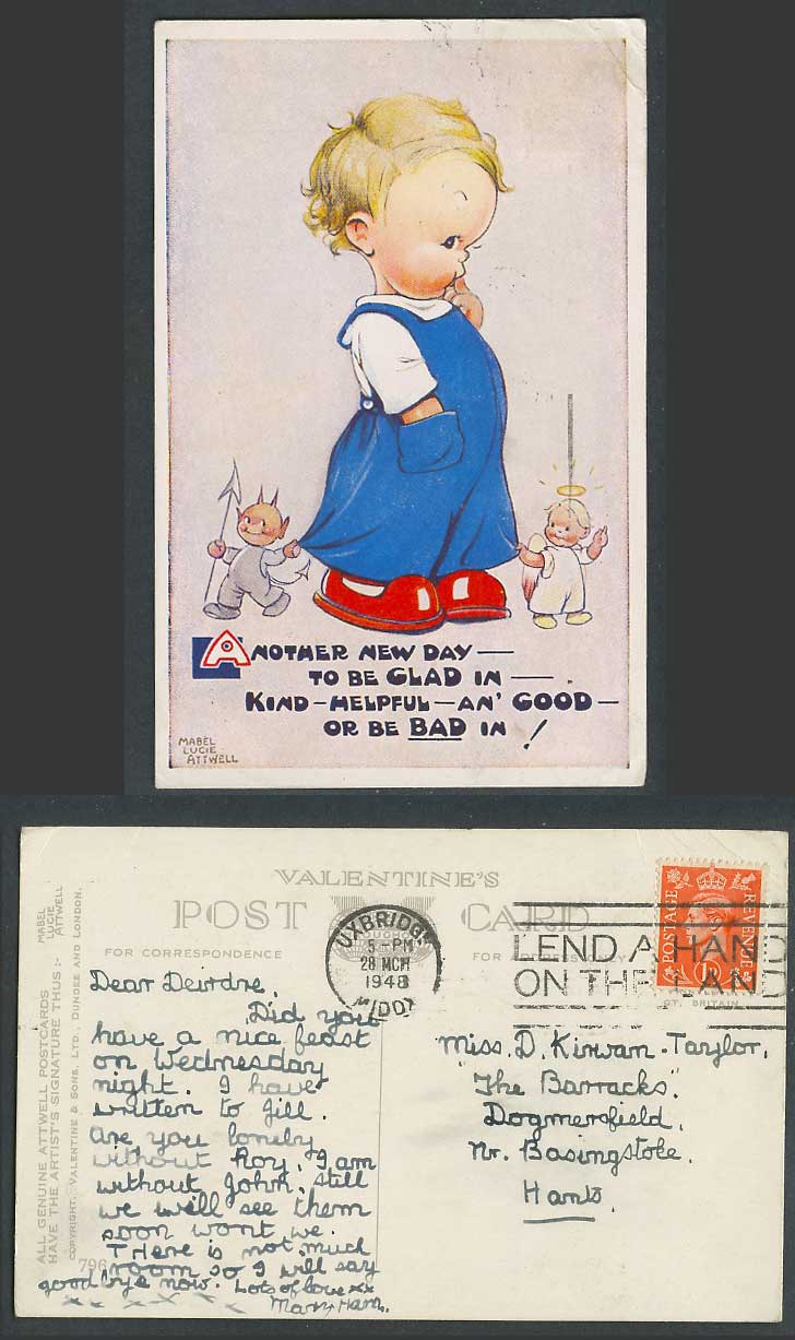 MABEL LUCIE ATTWELL 1948 Old Postcard Devil Angel, New Day to Be Good or Bad 796