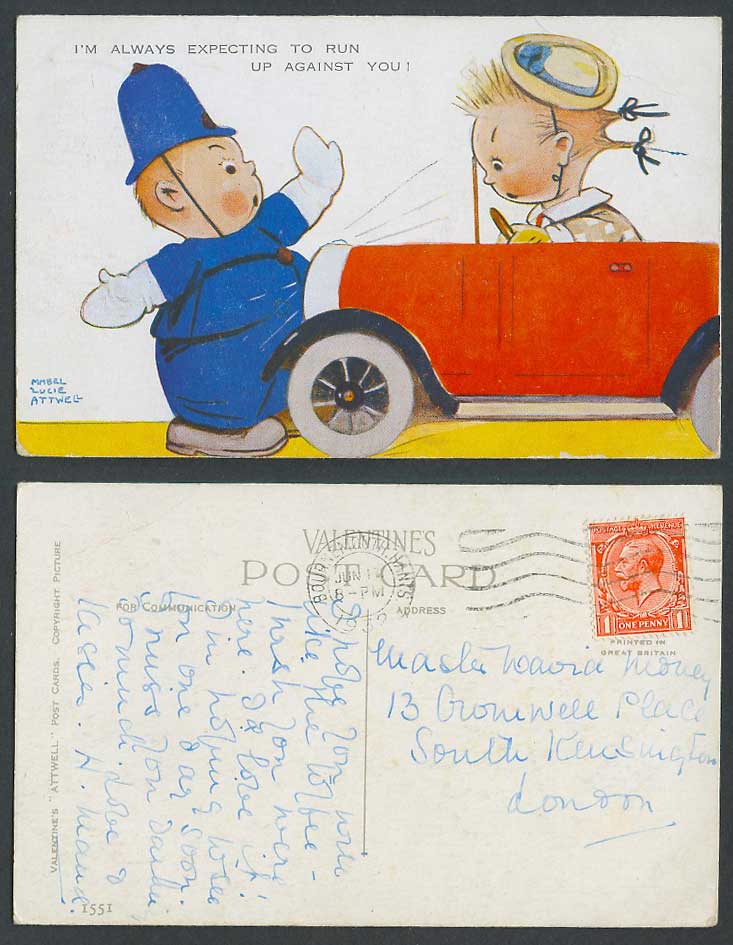 MABEL LUCIE ATTWELL 1932 Old Postcard Police Stop Motor Car Run Against You 1551