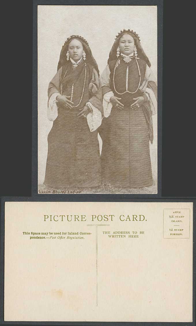 TIBET China India Old Postcard Sikkim Bhutia Ladies Women Girls Tibetan Costumes