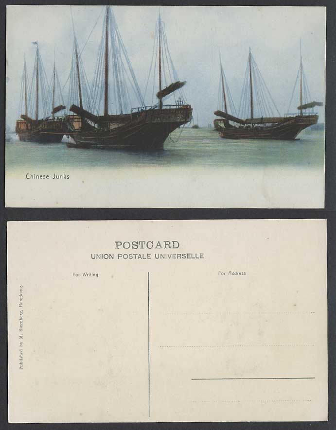 China Hong Kong Old Postcard Chinese Junks Sampans Boats, River Scene, Schooners