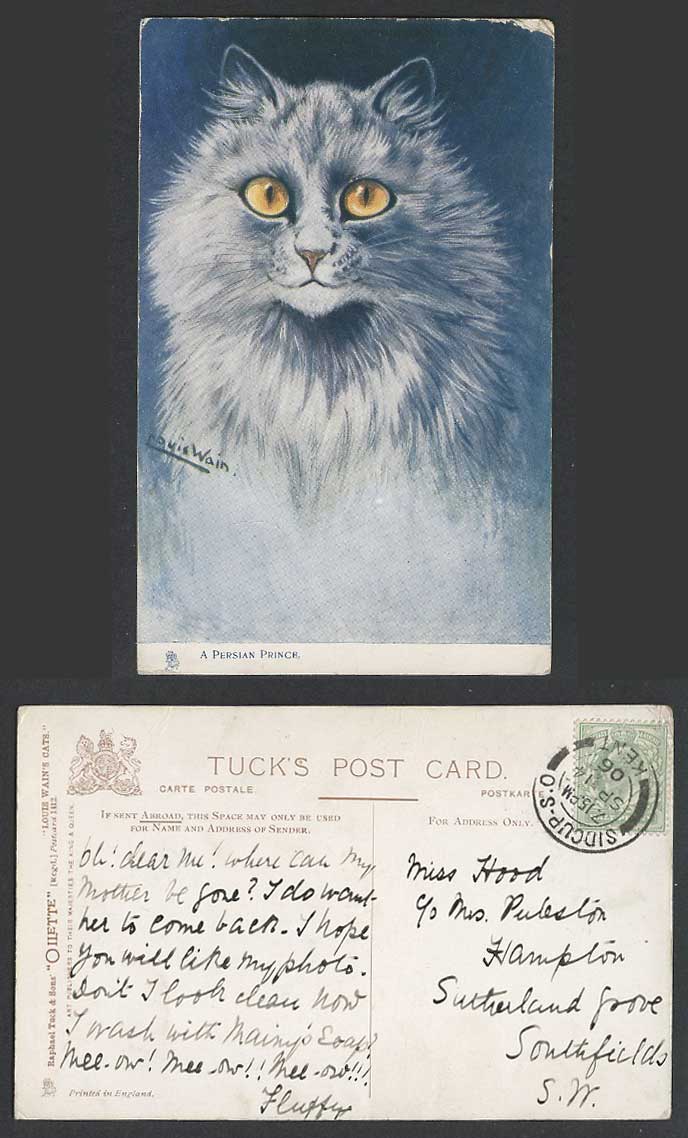 Louis Wain Artist Signed Cats A Persian Prince Cat 1906 Old Postcard Tuck's 1412