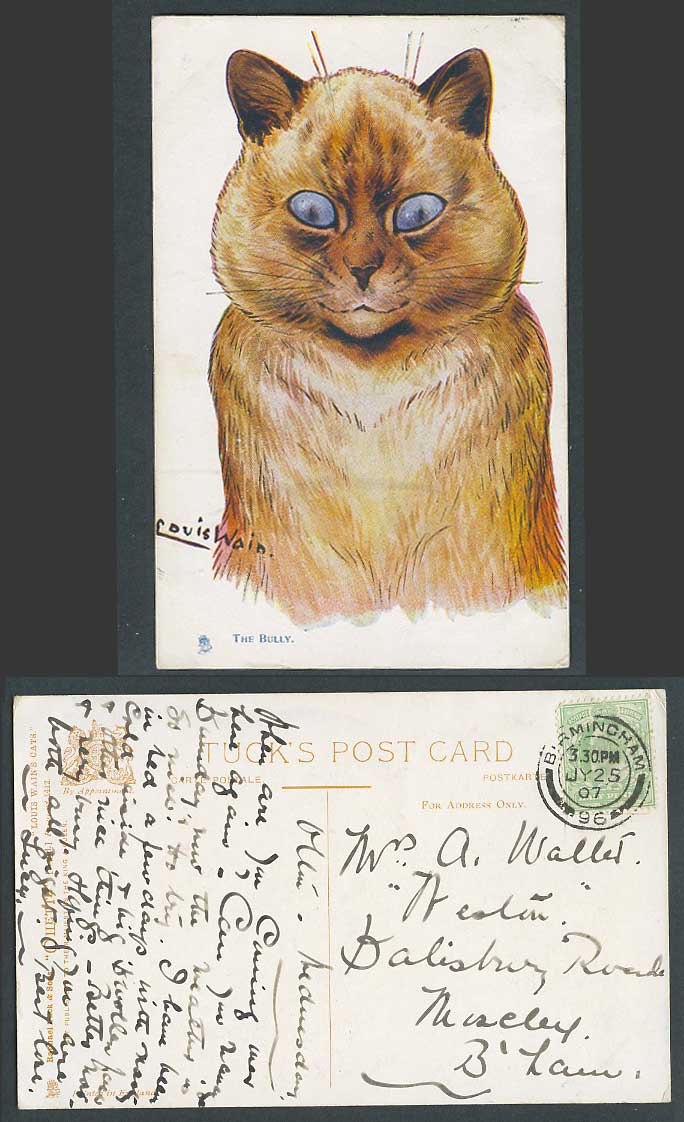 LOUIS WAIN Artist Signed, Siamese Cat Kitten, The Bully 1907 Old Tuck's Postcard