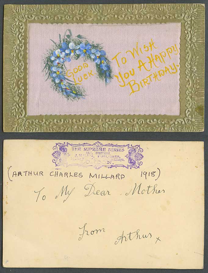 WW1 Hand Painted on Silk 1918 Old Postcard Good Luck - Wish You A Happy Birthday