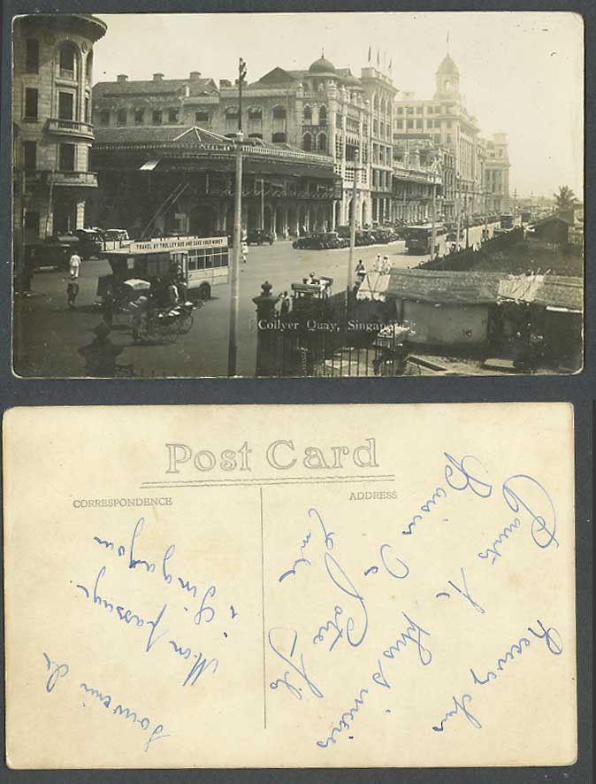 Singapore Old Postcard COLLYER QUAY Tram Travel By Trolley Bus & Save Your Money