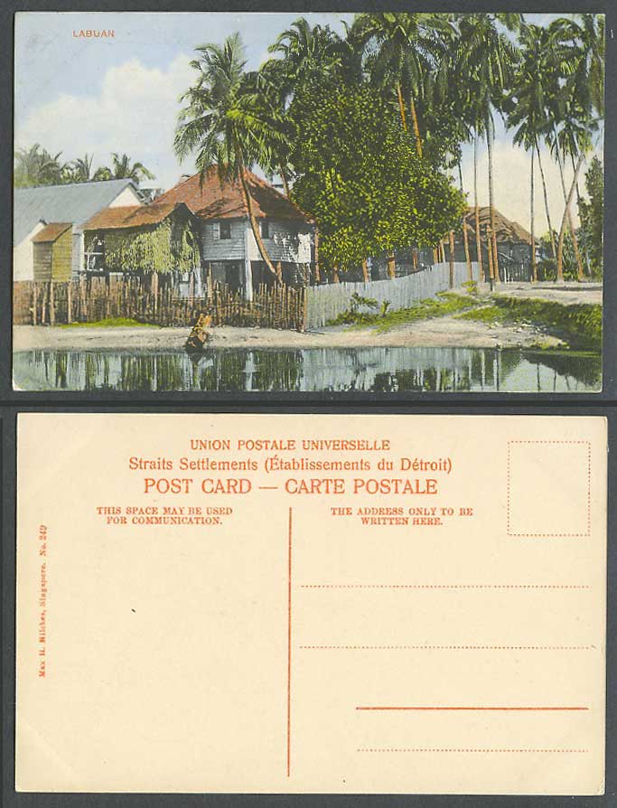 Labuan Old Colour Postcard Native Malay Houses Hut on Stilts, Palm Trees, Malaya