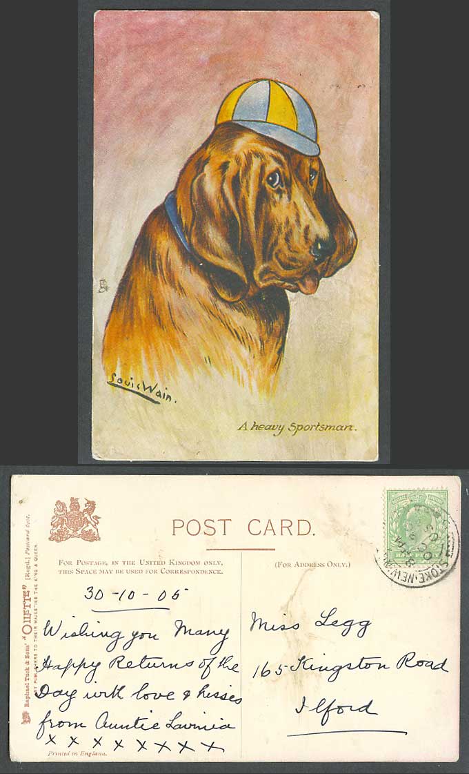 LOUIS WAIN Artist Signed Bloodhund Dog Puppy A Heavy Sportsman 1905 Old Postcard