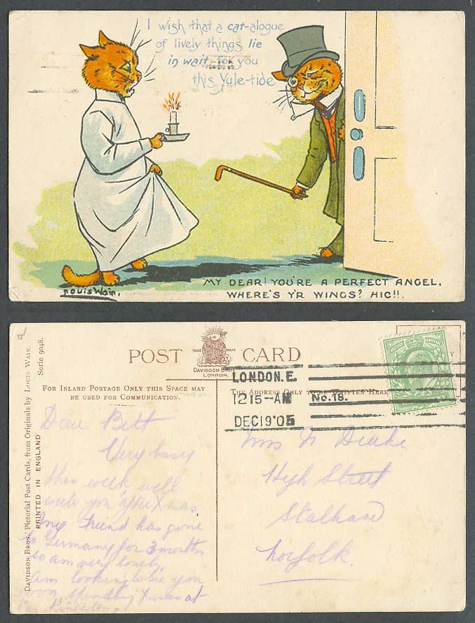 Louis Wain Artist Signed Cats Perfect Angel Where's Your Wings 1905 Old Postcard