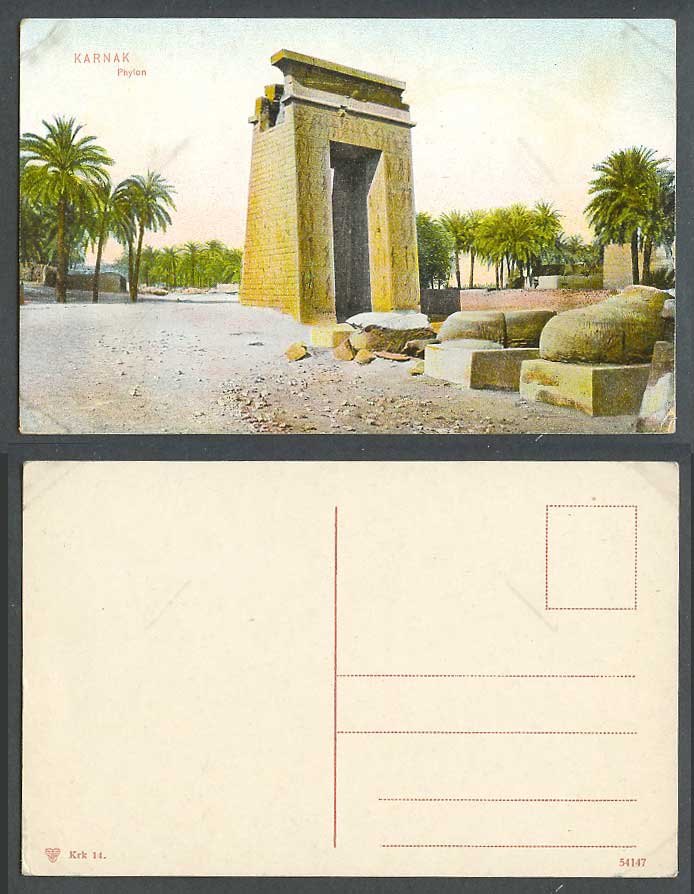 Egypt Old Colour Postcard Karnak Phylon Temple Ruins Gate Carvings Palm Trees 14