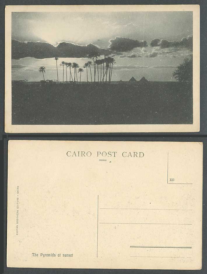 Egypt Old Postcard The Pyramids at Sunset Giza Guizeh Palm Trees Castro Brothers