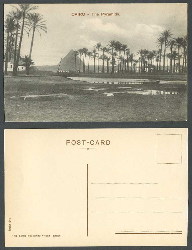 Egypt Old Postcard Cairo The Pyramids Palm Trees Boat Canoe River Le Caire N.597