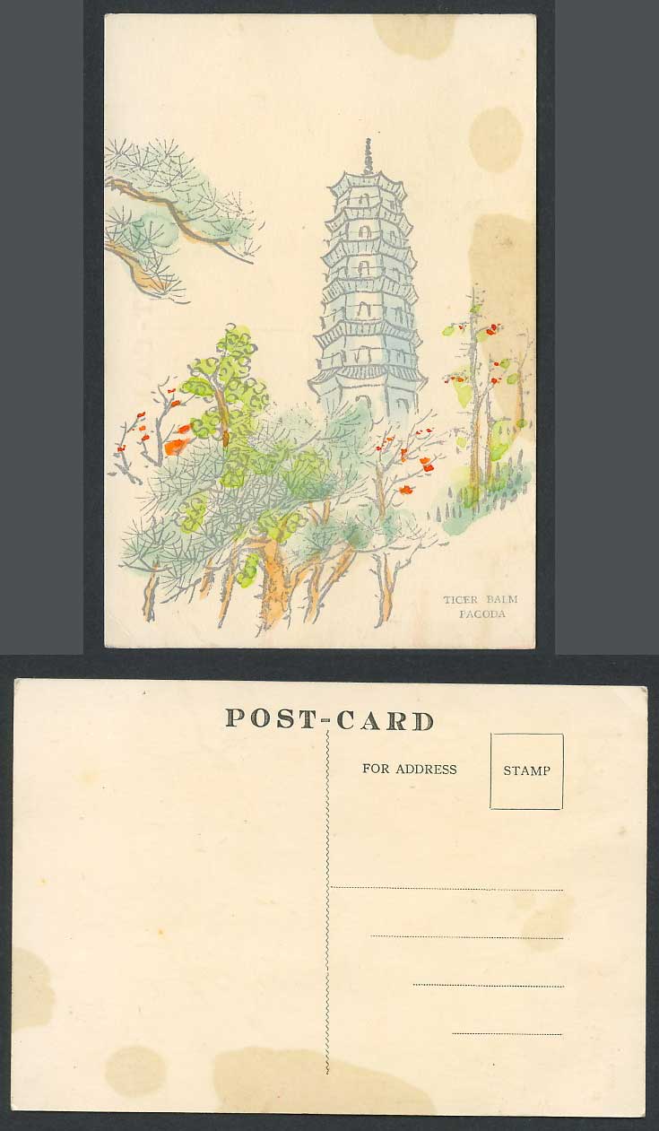 Hong Kong China Artist Drawn Hand Tinted Old Postcard Tiger Pagoda Pagoda Garden