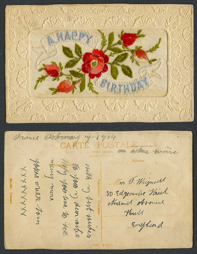 WW1 SILK Embroidered 1919 Old Postcard Happy Birthday Flowers, Novelty Greetings