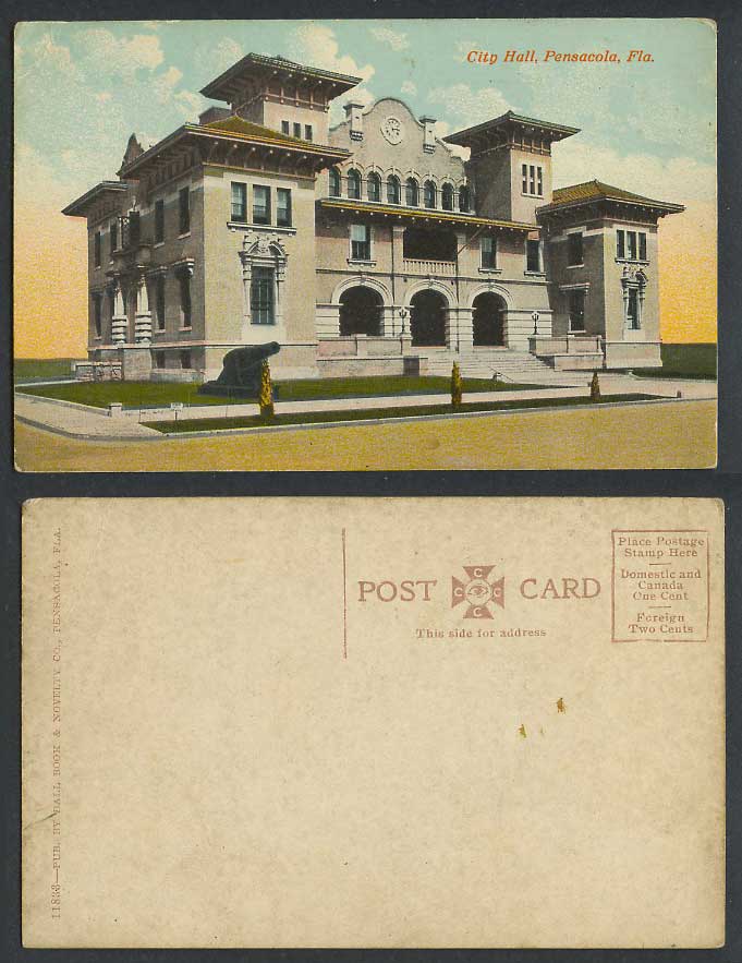 USA Pensacola City Hall Florida Fla. Clock Cannon Big Gun US Old Colour Postcard