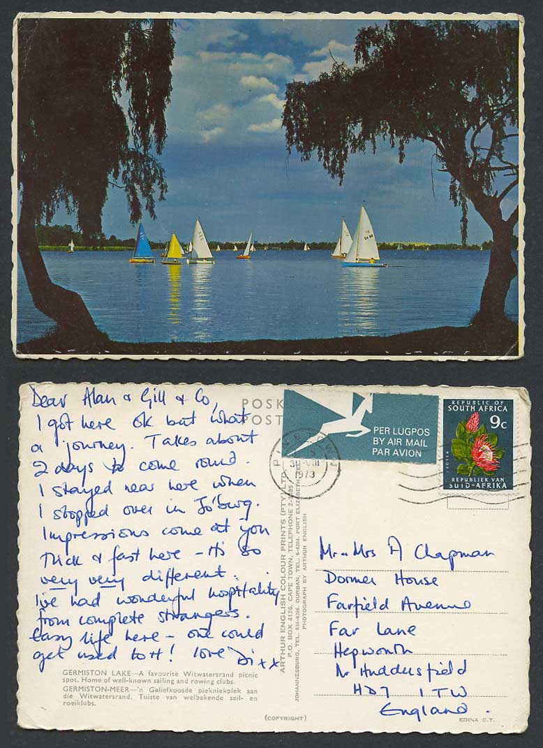 South Africa 1973 Postcard Germiston Lake Witwatersrand Picnic Spot Sailing Boat