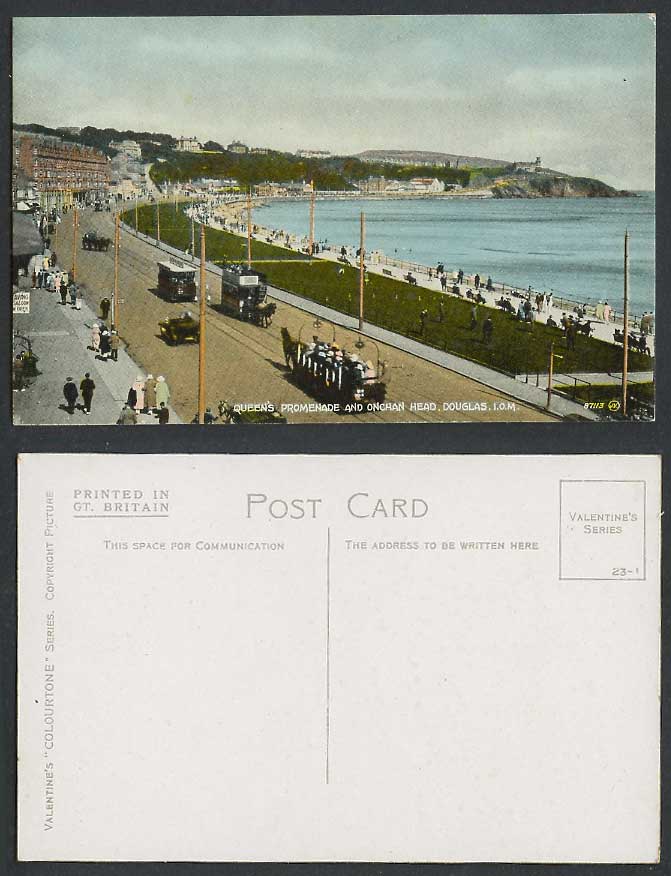 Isle of Man Old Postcard Queens Promenade Onchan Head Douglas TRAM Street Scene
