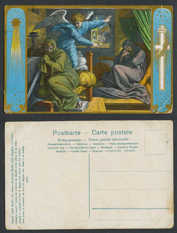 I.N.R.I. Joseph is ordered to flee to Egypt with Jesus & his mother Old Postcard