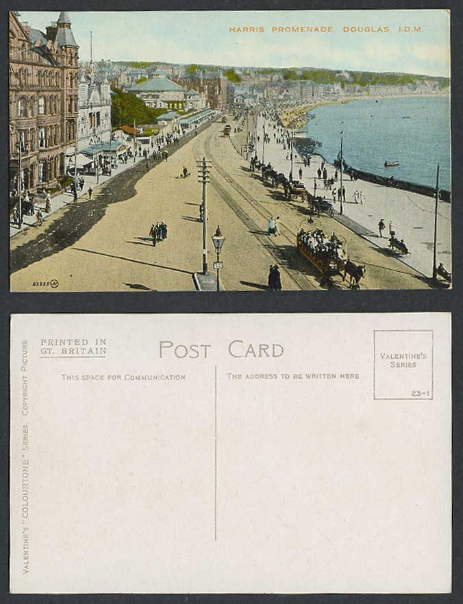 Isle of Man Old Postcard Harris Promenade Douglas Street Scene Horse Tramcar IOM