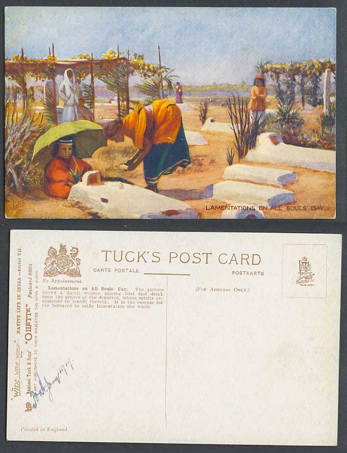 India 1919 Old Tuck's Postcard Lamentations on All Souls Day, Tamil Woman Graves