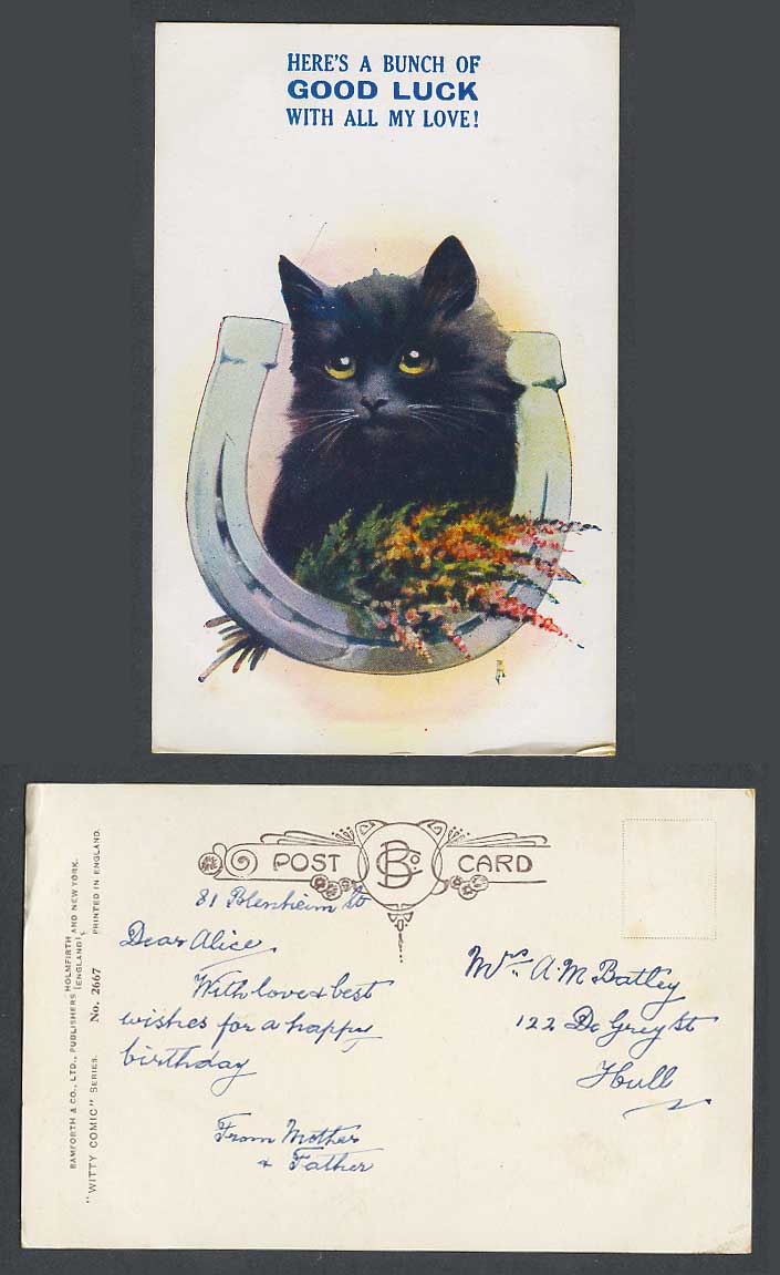Black Cat Kitten, Horseshoe, A Bunch of Good Luck with All My Love Old Postcard