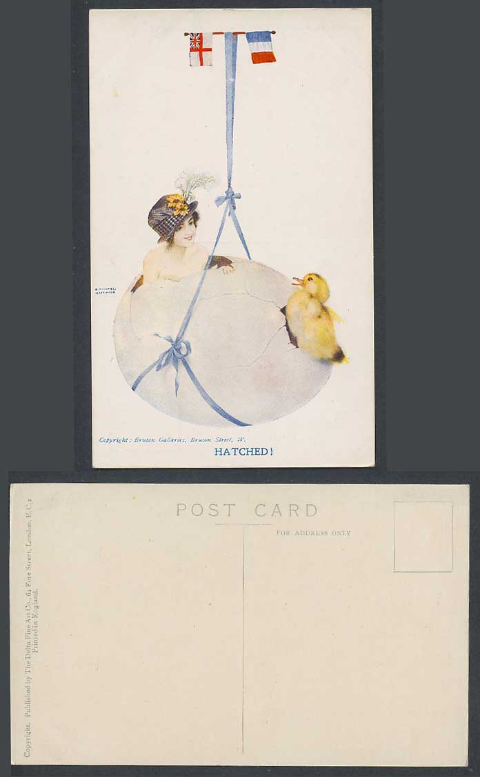 Raphael Kirchner Old Postcard Bird Chick Hatched Glamour Lady Woman in Egg Flags