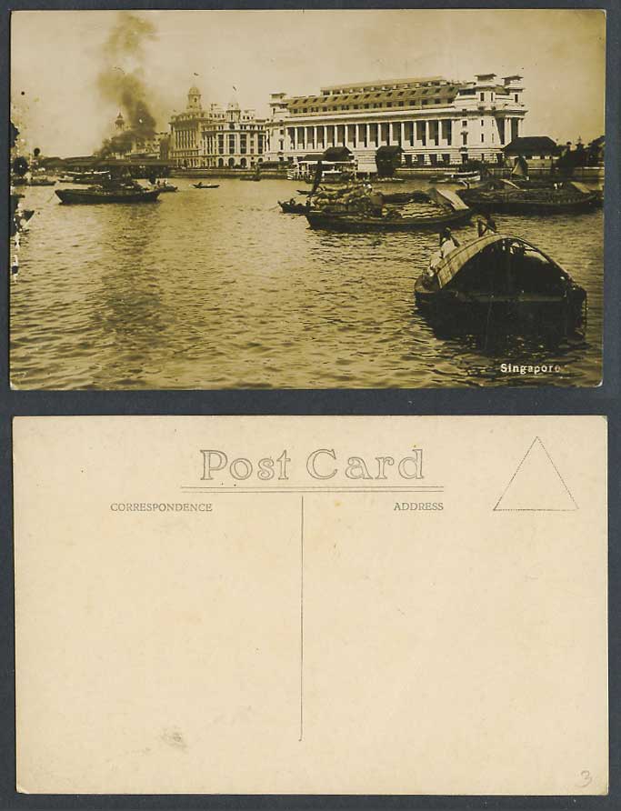 Singapore Old Real Photo Postcard Native Sampans Cargo Boats Buildings Panorama