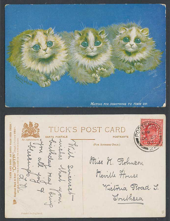 Louis Wain Artist Signed Cats Waiting for Something to Turn Up 1907 Old Postcard