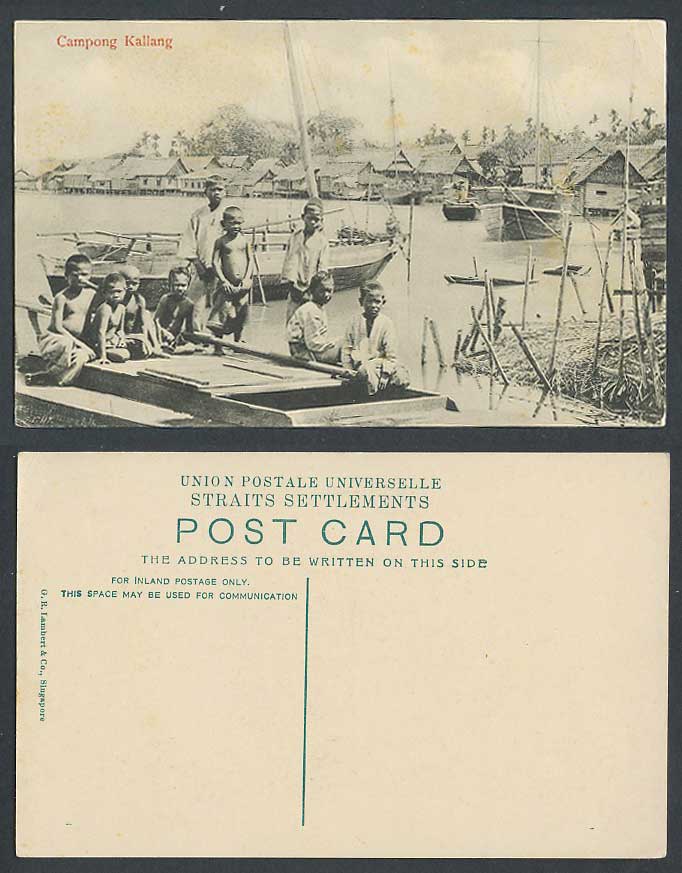Singapore Old Postcard Campong Kallang, Native Houses Village Boys Boats Harbour