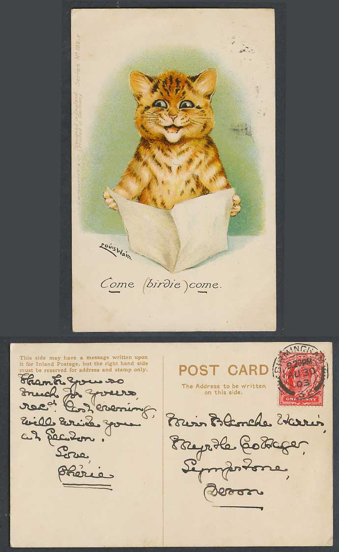 LOUIS WAIN Artist Signed Cat Kitten Come Birdie Come 1903 Old Postcard Comic 182