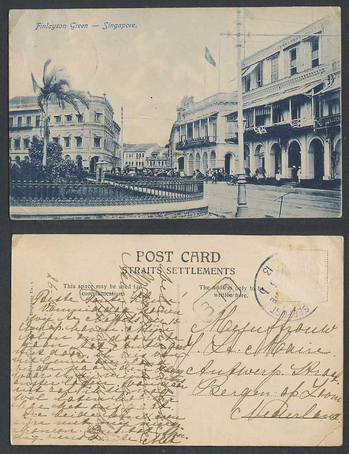 Singapore Sea Post Seepost 1913 Old Postcard FINLAYSON GREEN, Street Scene, Palm