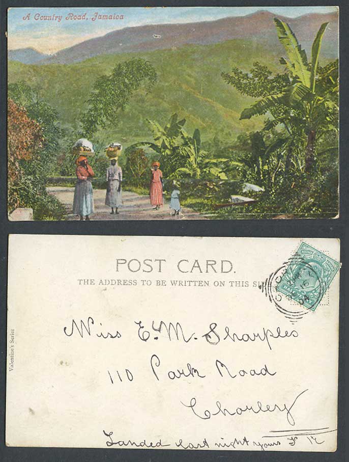 Jamaica GB KE7 1/2d 1904 Old UB Postcard A Country Road, Native Women Girls, BWI