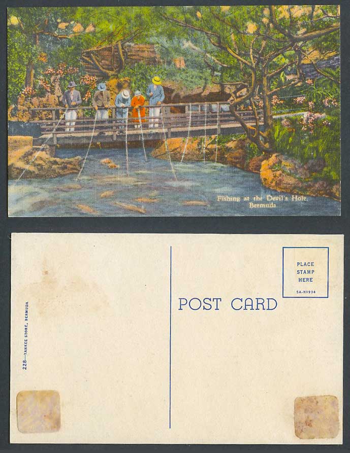 Bermuda Old Colour Postcard Fishing at The Devil's Hole Fish Men Women on Bridge