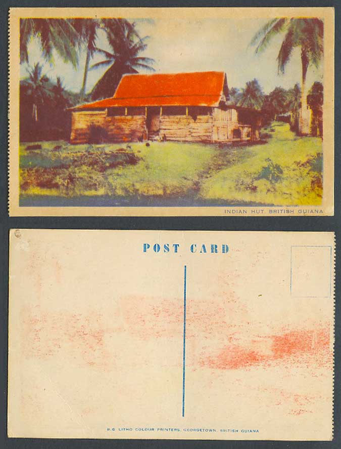 British Guiana, Guyana Old Colour Postcard Native Indian Hut, House, Palm Trees